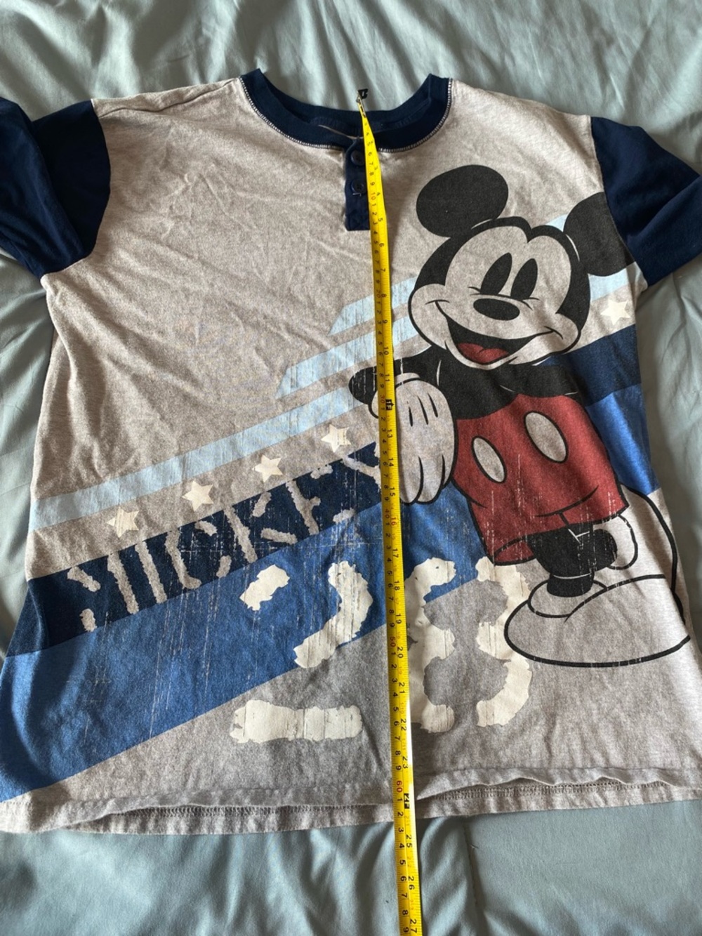 Disney Parks Mickey Mouse Graphic Henley Shirt Men’s Lg Gray Blue Long Sleeve - Picture 8 of 8
